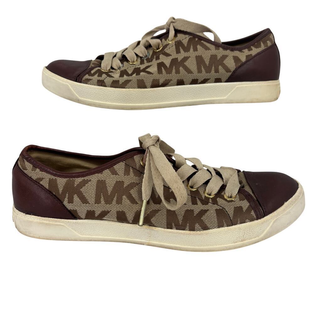 Michael Kors Mk Monogram Sneakers Womens Size 8 Brown Leather Canvas Lace Up